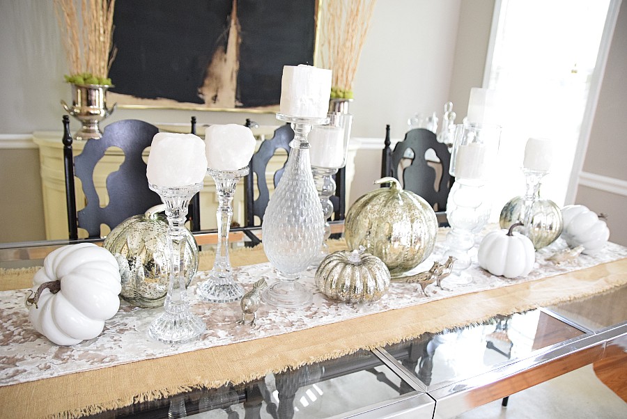 Dining table dressed for fall. Mercury glass pumpkins, selenite candles.