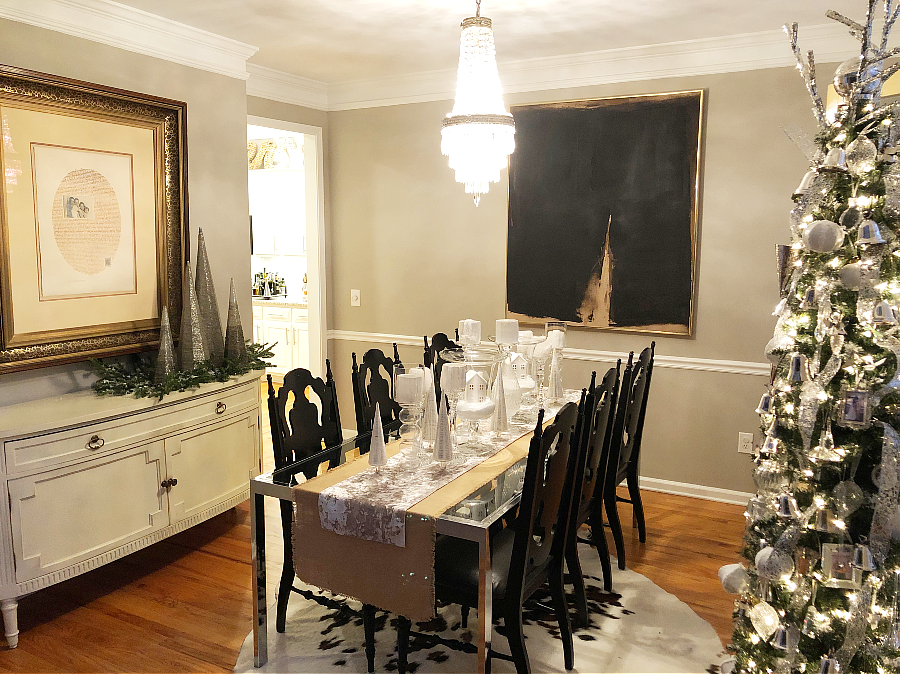 Winter white dining room Christmas decor, tree and tablescape