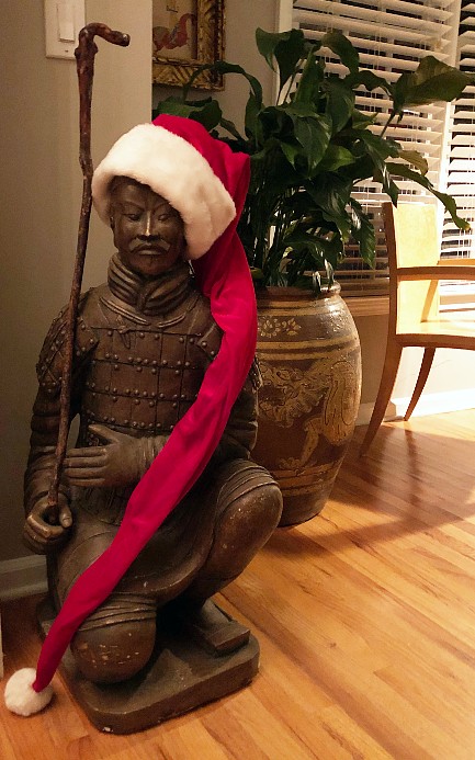 Chinese guard Shimshu with a santa hat