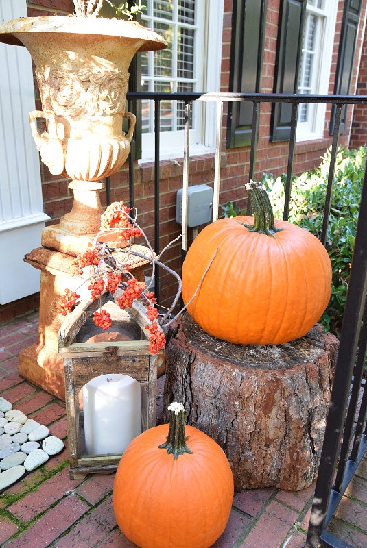 Bittersweet on wooden lantern, antique urn, pumpkins, fall decor on entryway